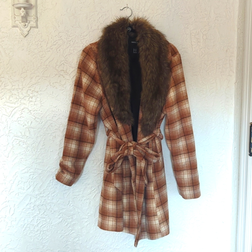 Forever 21+ 70s Retro Brown Plaid Trench Coat w Detachable Faux Fur Collar